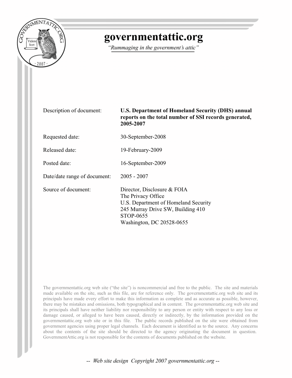 DHS) Annual Reports on the Total Number of SSI Records Generated, 2005-2007