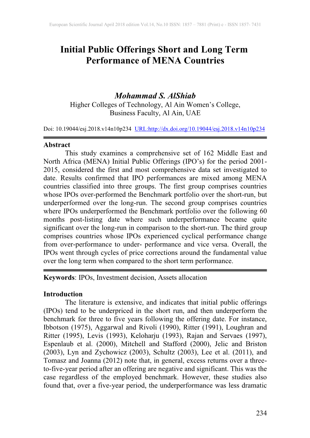 Initial Public Offerings Short and Long Term Performance of MENA Countries