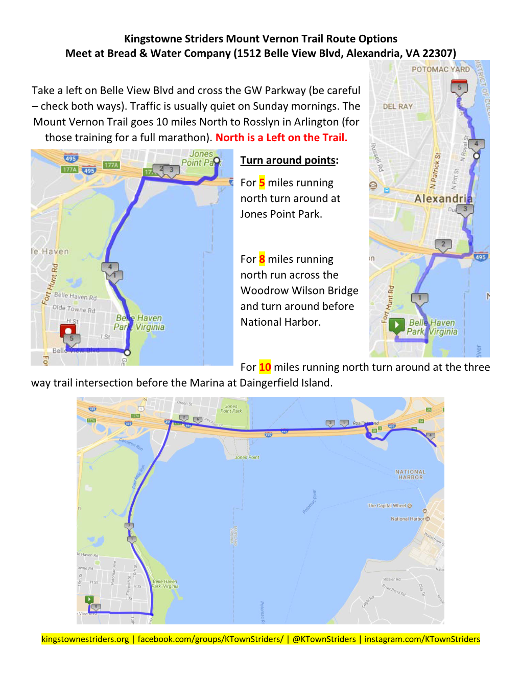 Kingstowne Striders Mount Vernon Trail Route Options Meet at Bread & Water Company (1512 Belle View Blvd, Alexandria, VA