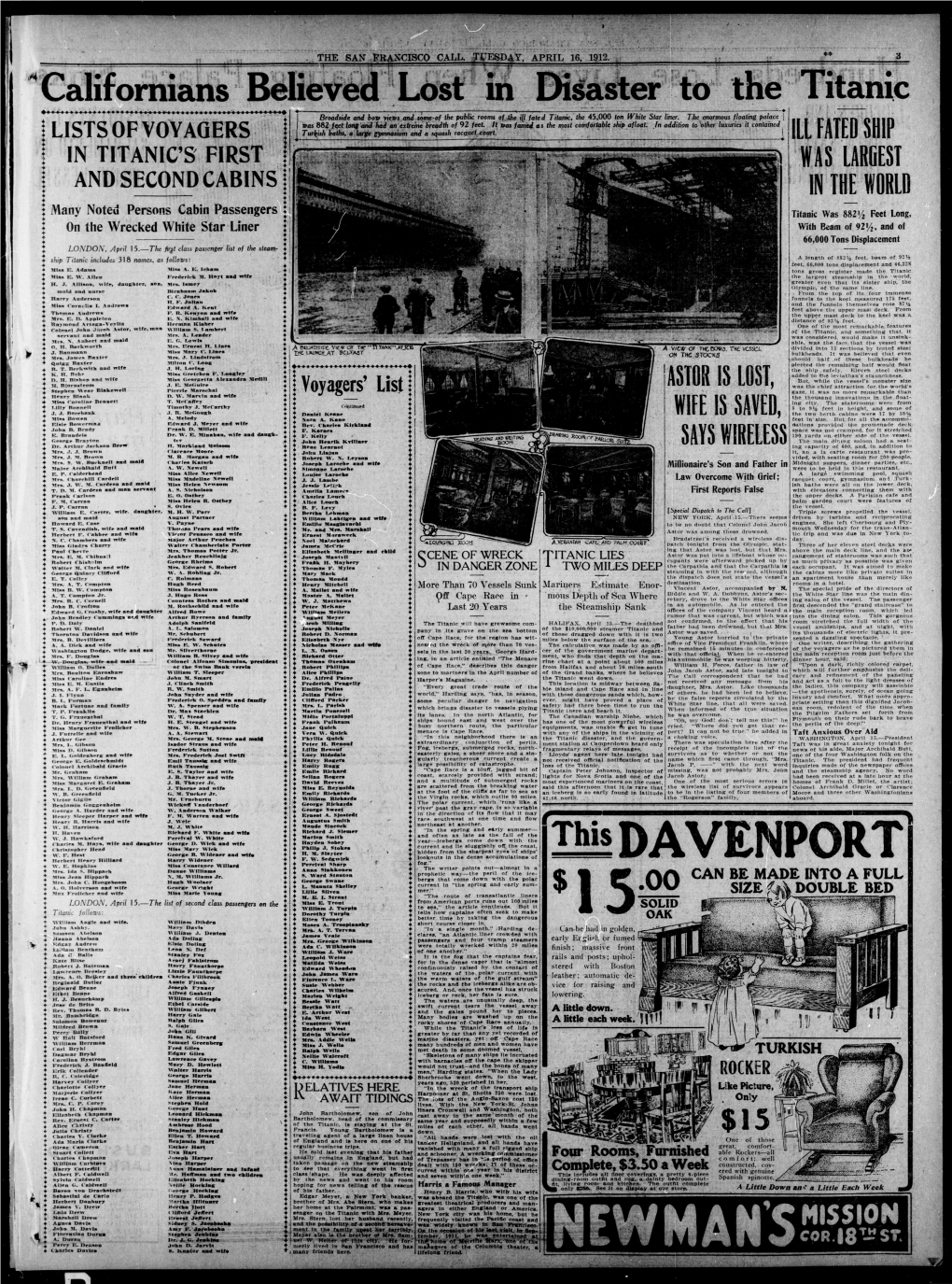 Californians Believed Lost in Disaster to the Titanic Broadside and Bow Views and Some-Of the Public Rooms of the Ill Fated Titanic, the 45.000 Ton White Star Liner