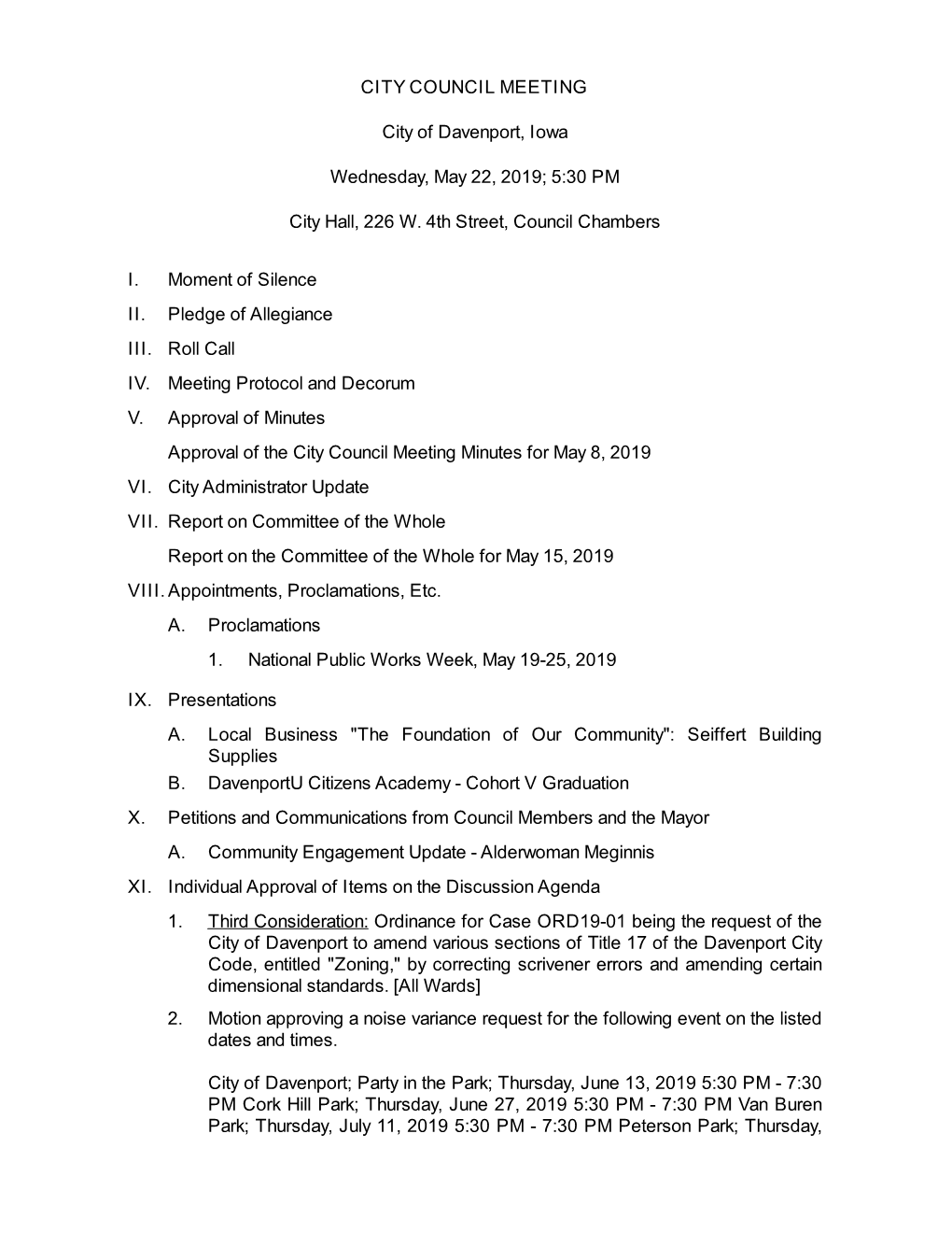 CITY COUNCIL MEETING City of Davenport, Iowa Wednesday, May