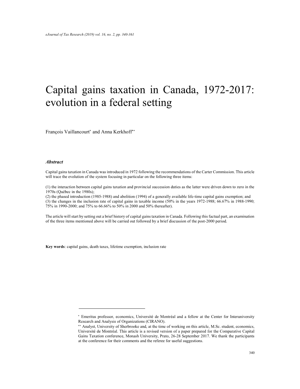 Capital Gains Taxation in Canada, 1972-2017: Evolution in a Federal Setting