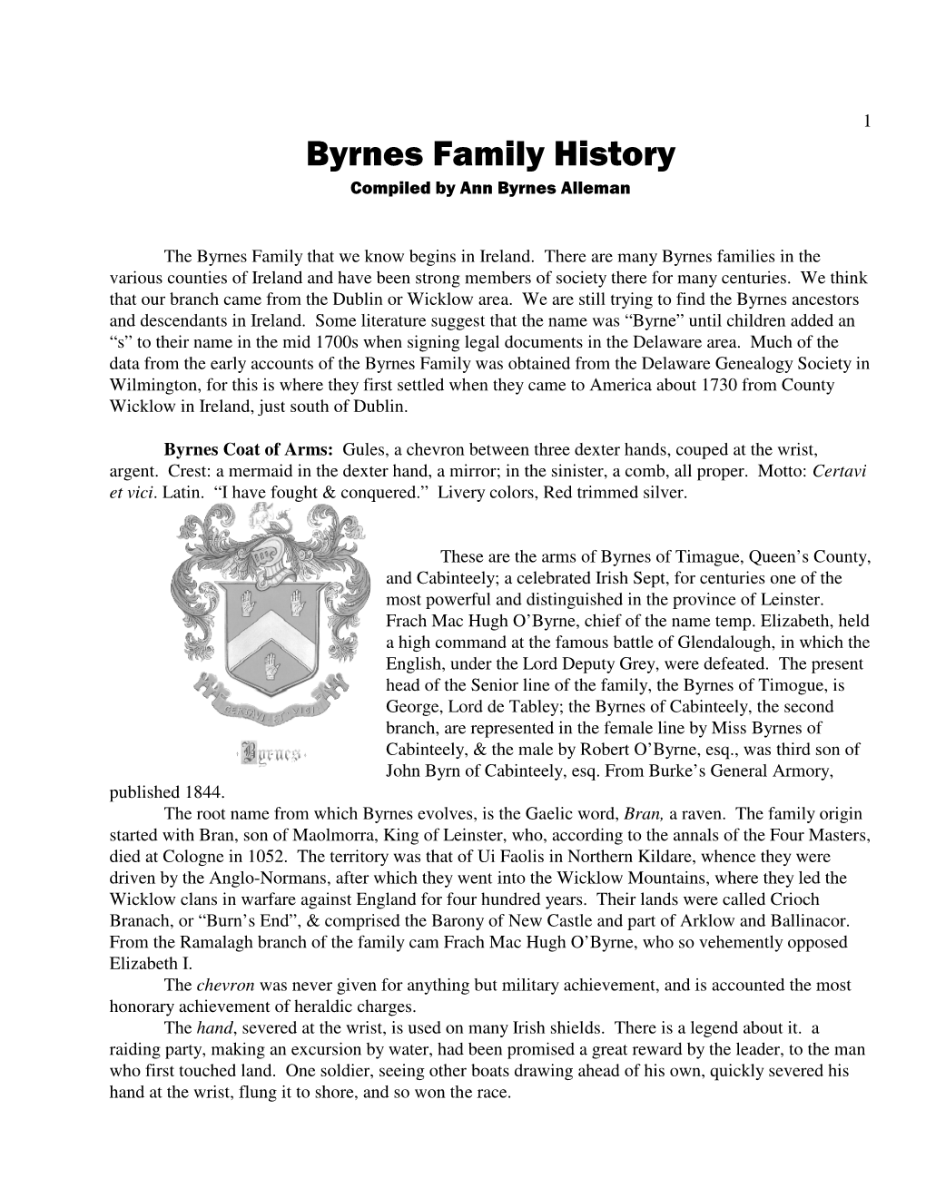 Byrnes Family History Compiled by Ann Byrnes Alleman