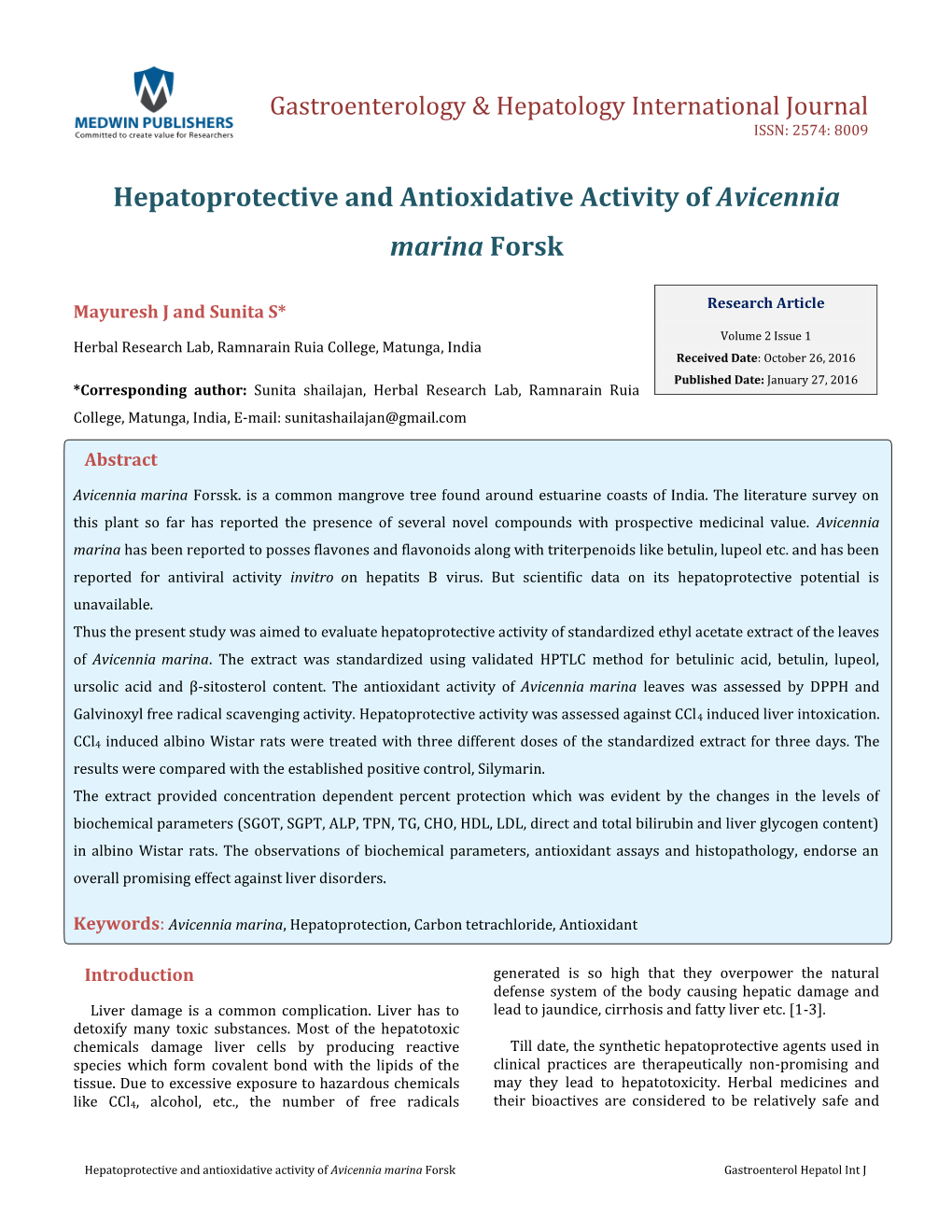 Hepatoprotective and Antioxidative Activity of Avicennia Marina Forsk