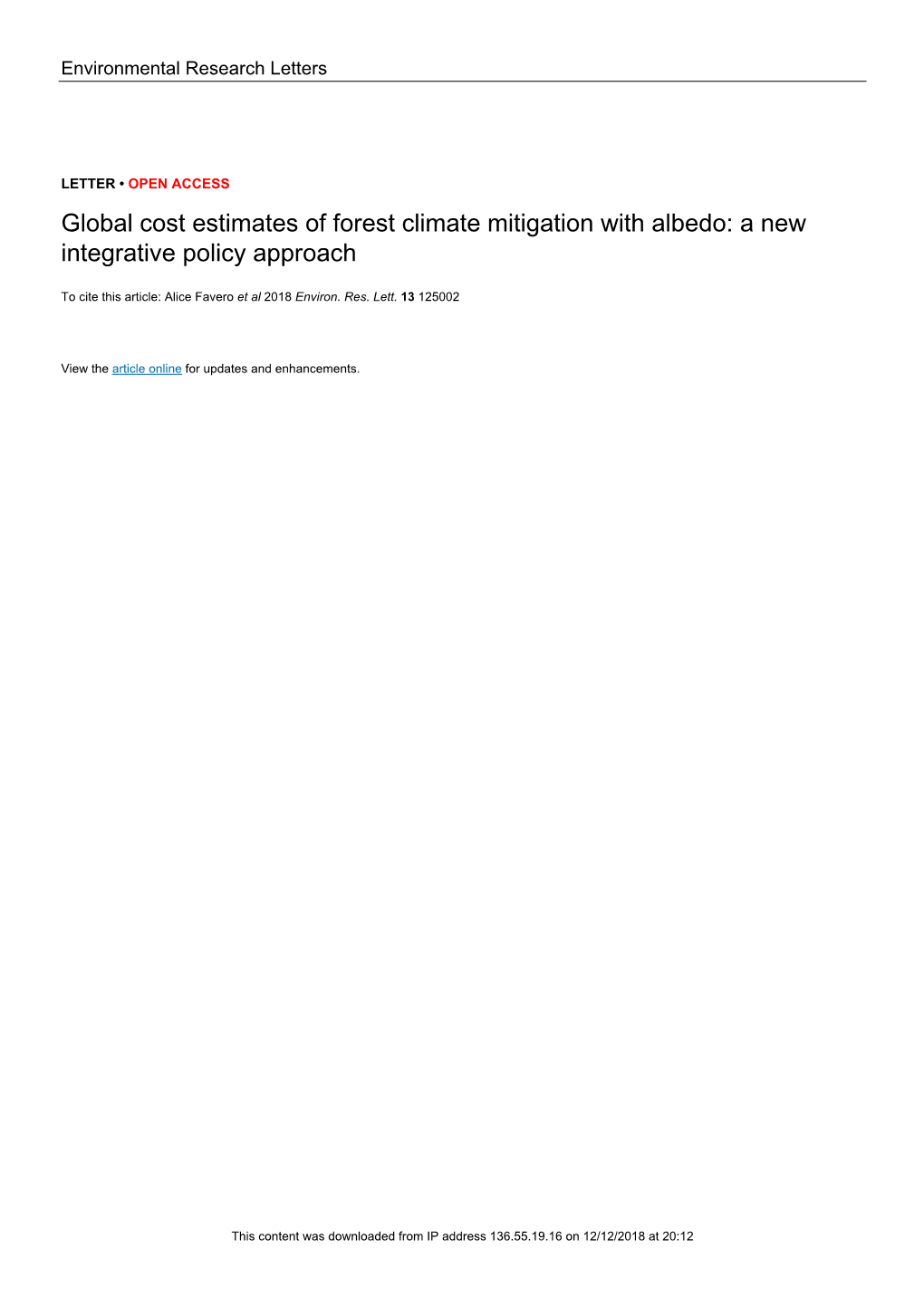 Global Cost Estimates of Forest Climate Mitigation with Albedo: a New Integrative Policy Approach