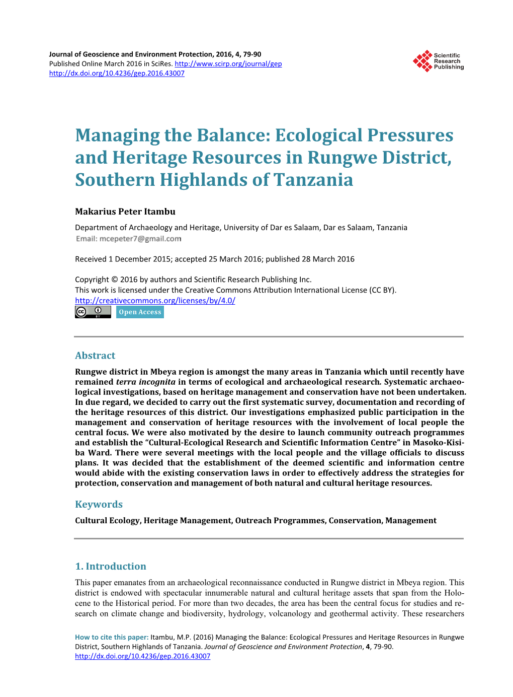 Ecological Pressures and Heritage Resources in Rungwe District, Southern Highlands of Tanzania