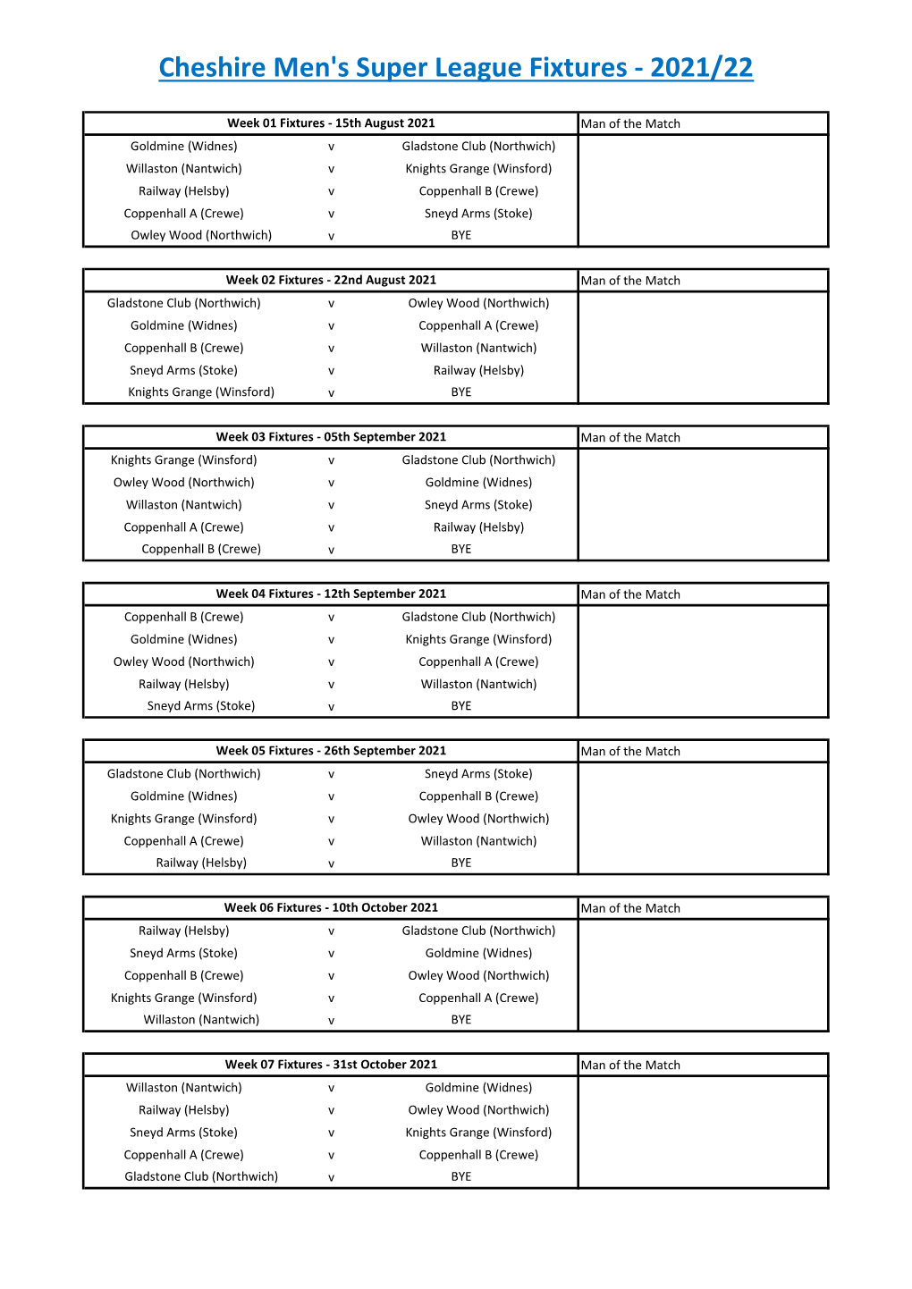 Men's Superleague Fixtures 2021-2022