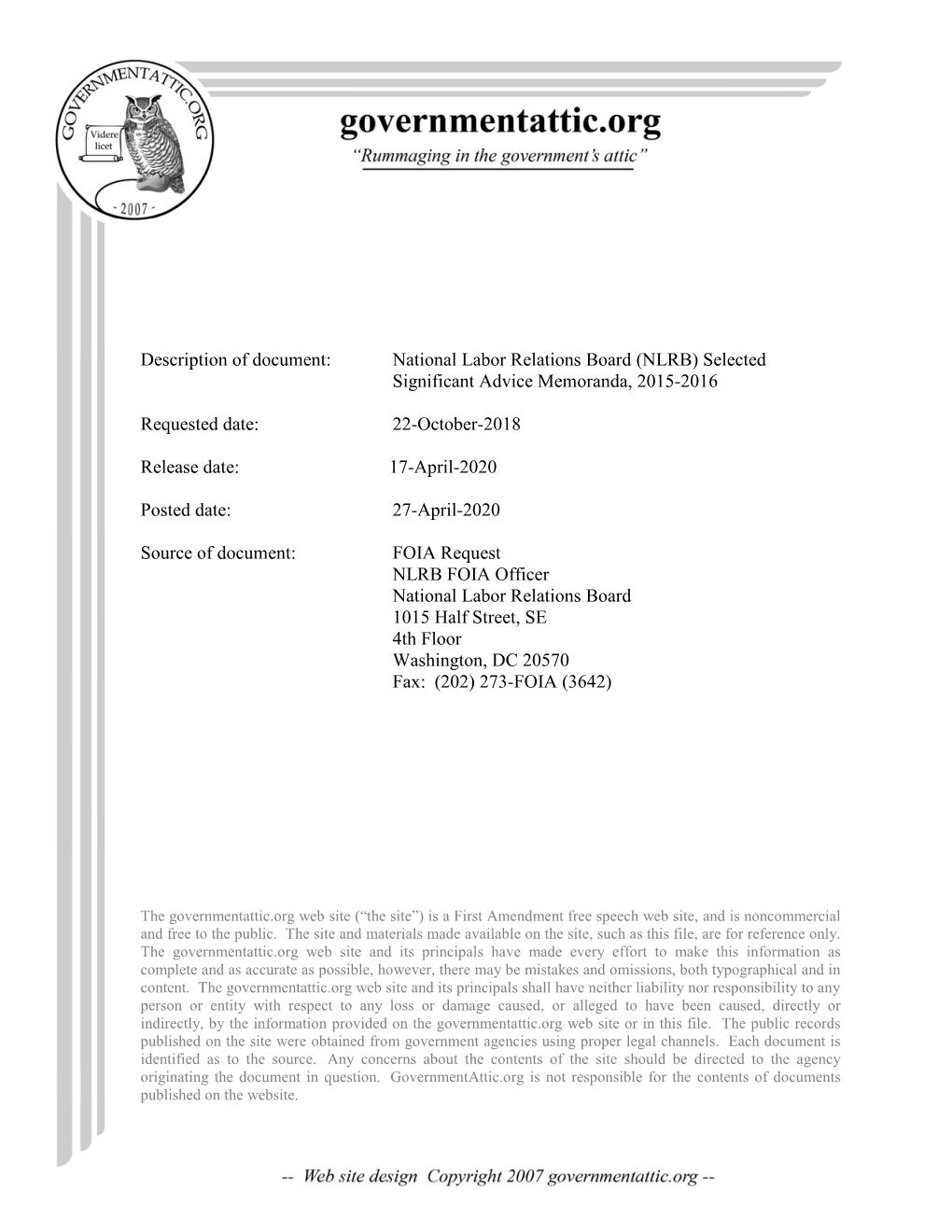 National Labor Relations Board (NLRB) Selected Significant Advice Memoranda, 2015-2016