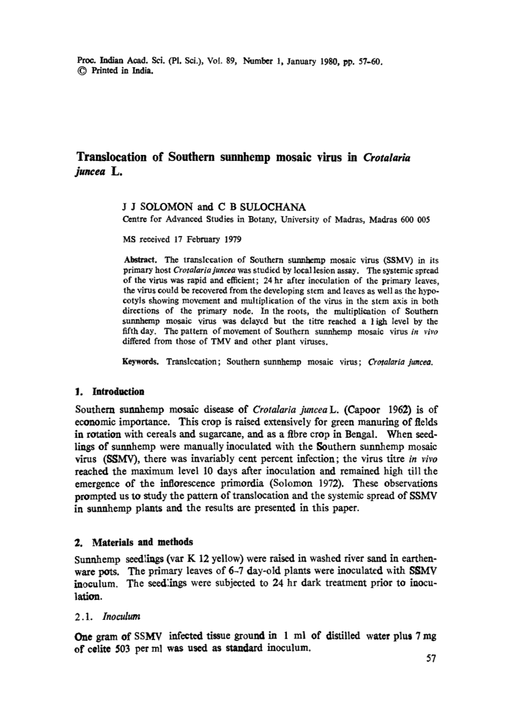 Translocation of Southern Sunnhemp Mosaic Virus in Crotalaria Juncea L