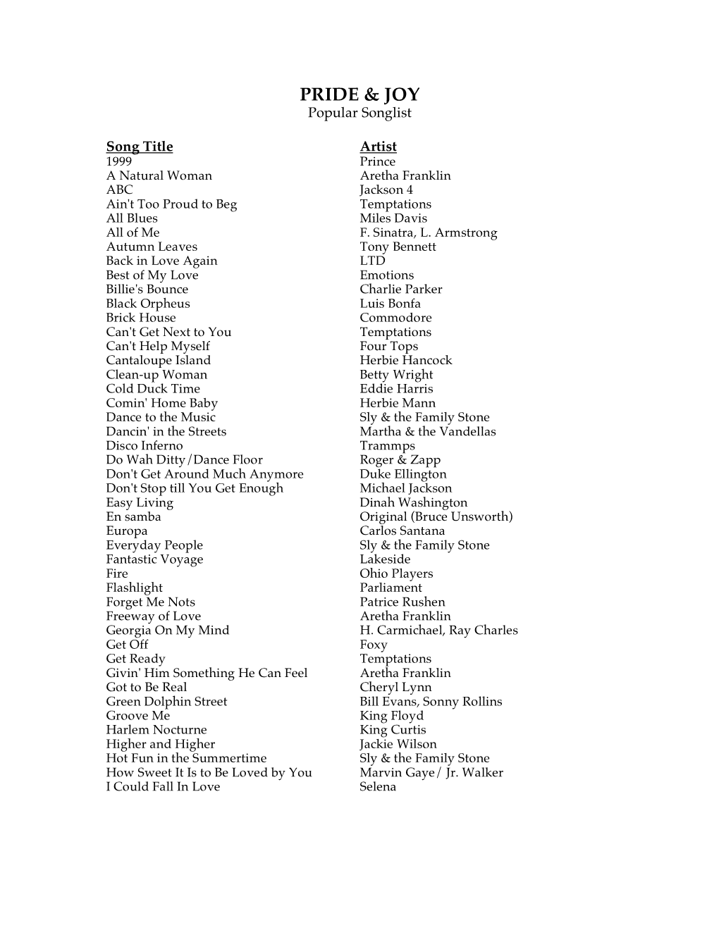 Pride & Joy Songlist