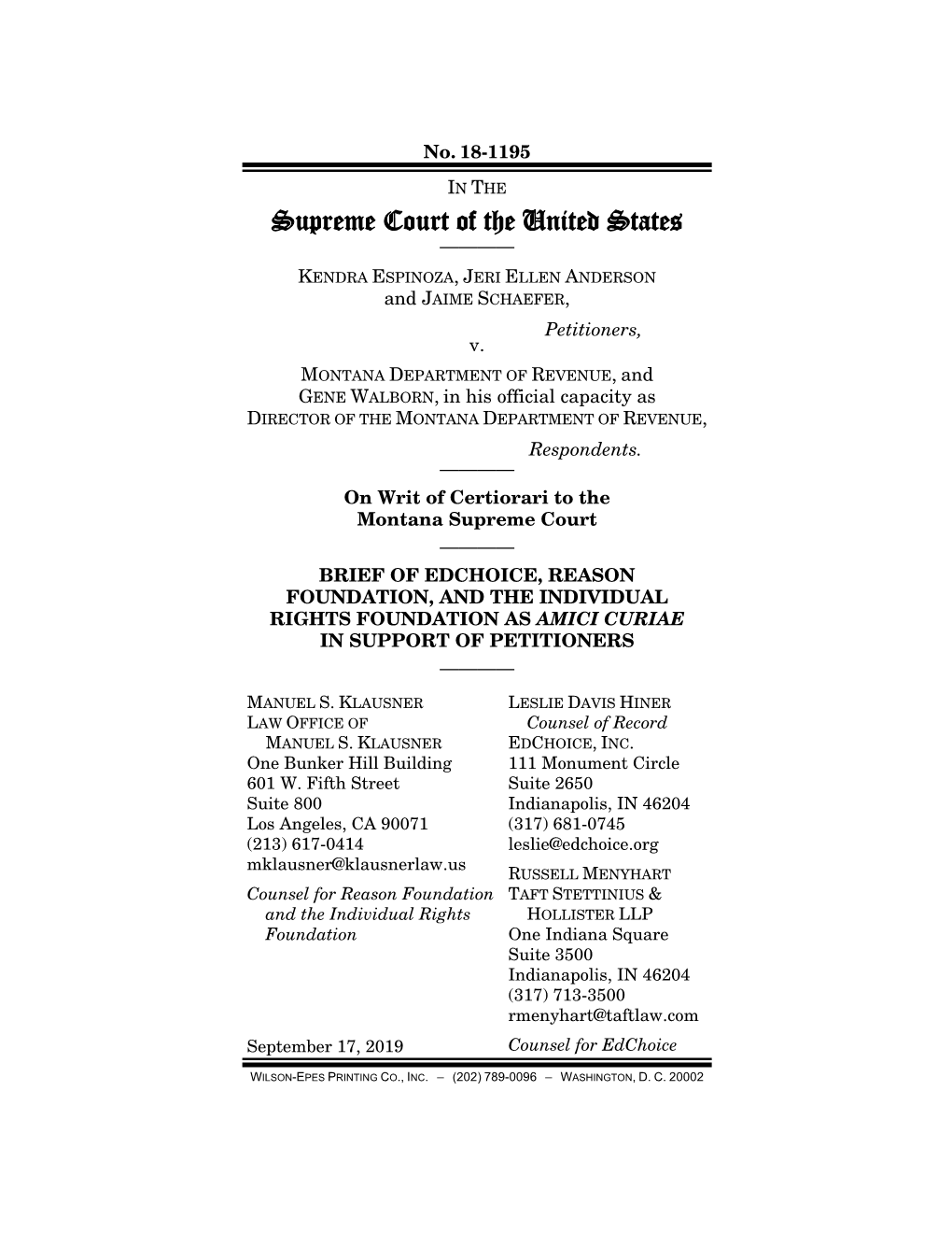 Amicus Brief: Espinoza V. Montana Department of Revenue