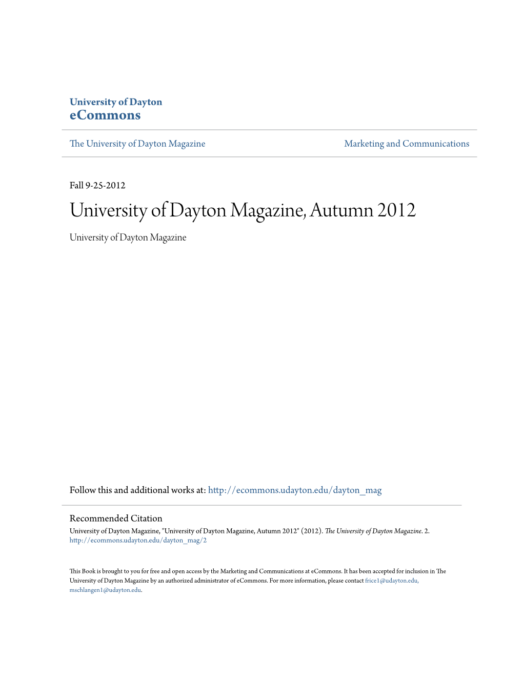 University of Dayton Magazine, Autumn 2012 University of Dayton Magazine