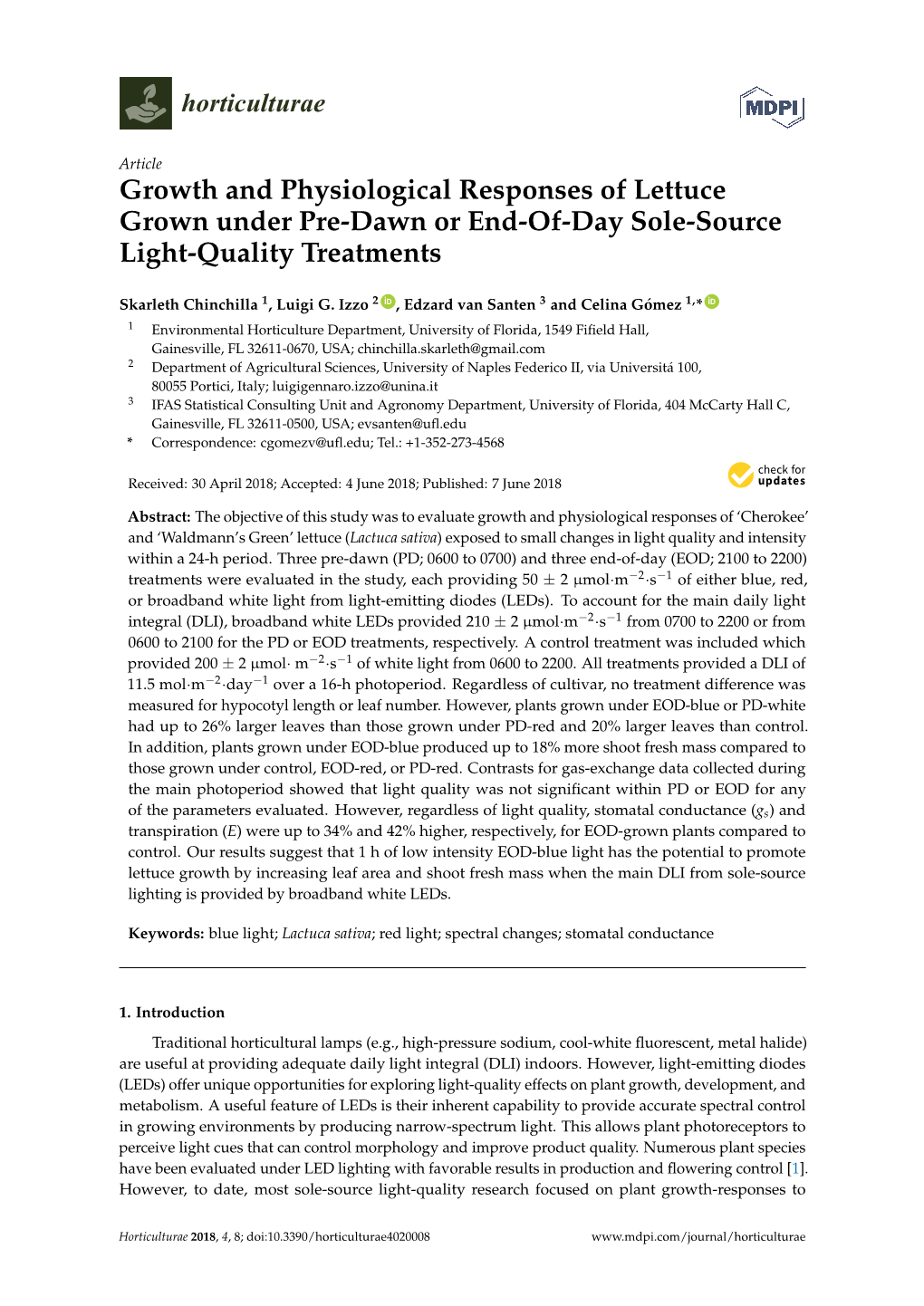 Growth and Physiological Responses of Lettuce Grown Under Pre-Dawn Or End-Of-Day Sole-Source Light-Quality Treatments