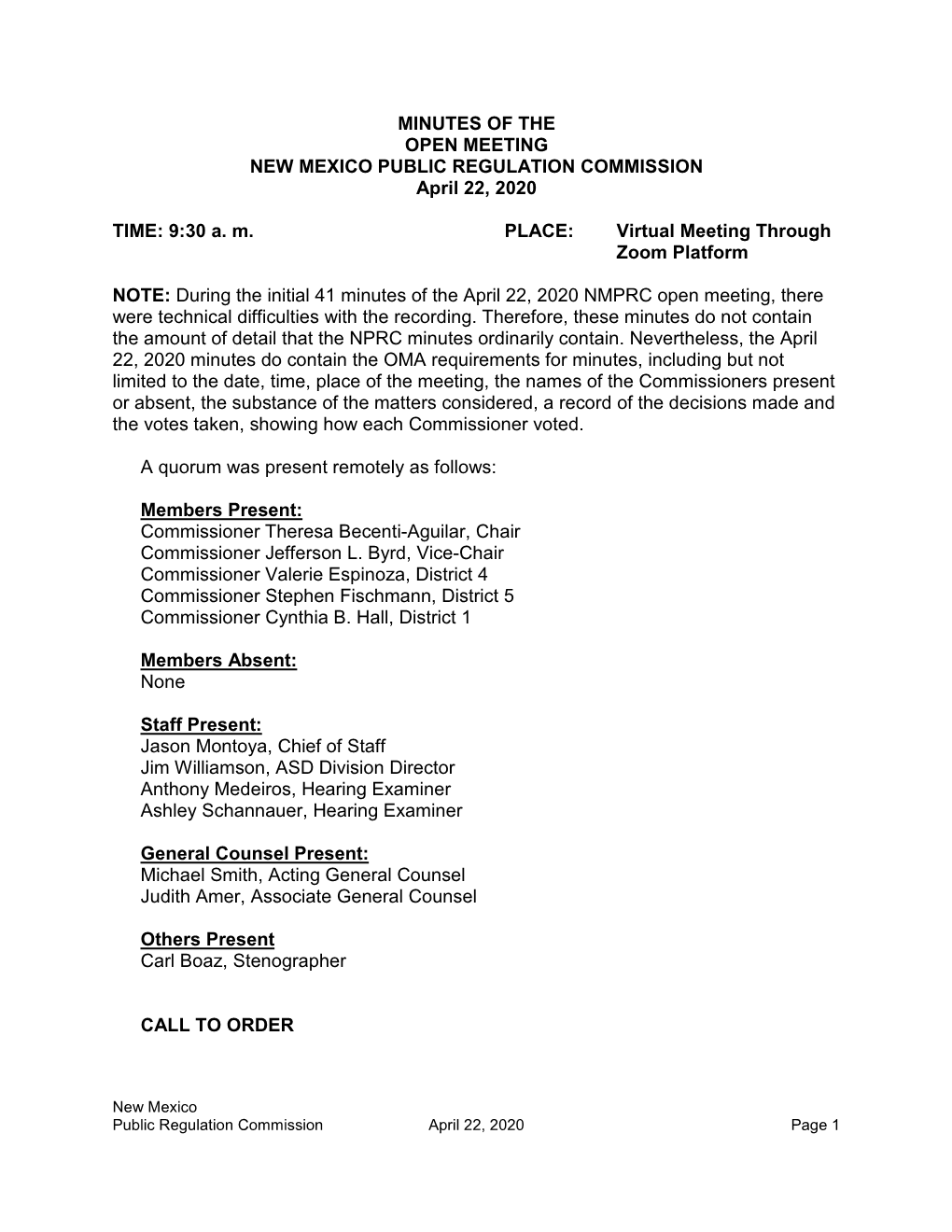 MINUTES of the OPEN MEETING NEW MEXICO PUBLIC REGULATION COMMISSION April 22, 2020