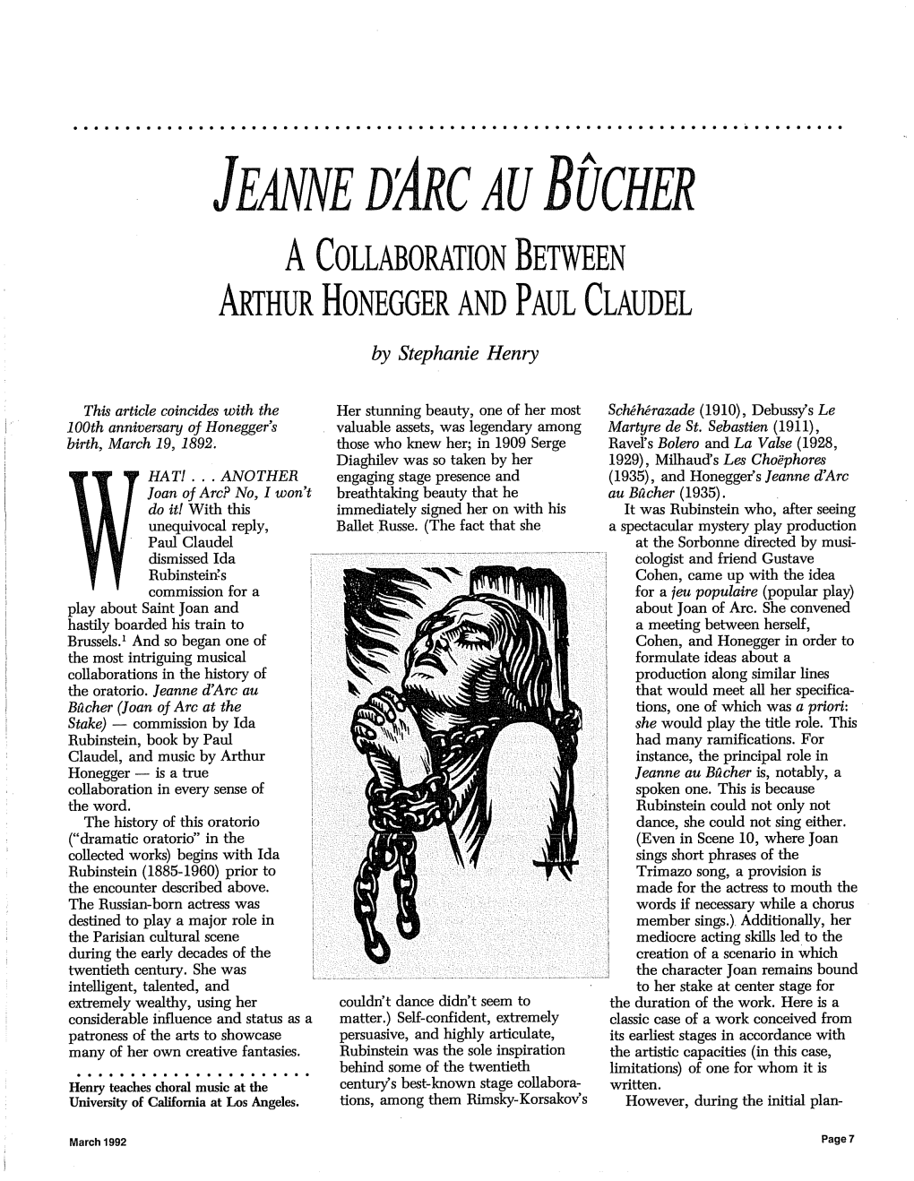 Jeanne Di1rc Au Bucher a Collaboration Between Arthur Honegger and Paul Claudel