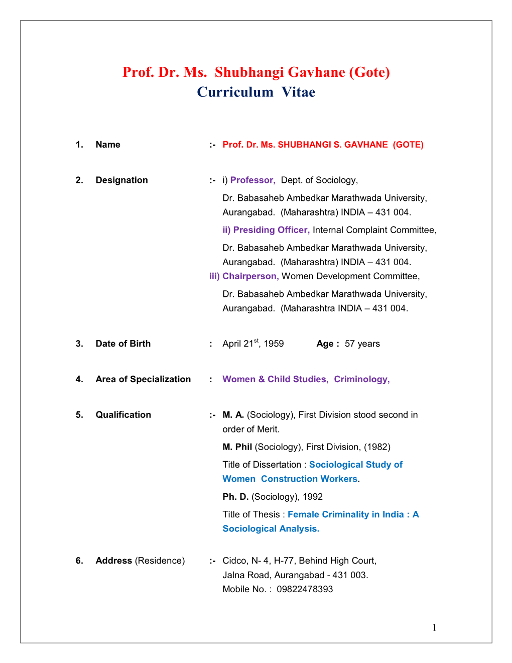 Prof. Dr. Ms. Shubhangi Gavhane (Gote) Curriculum Vitae