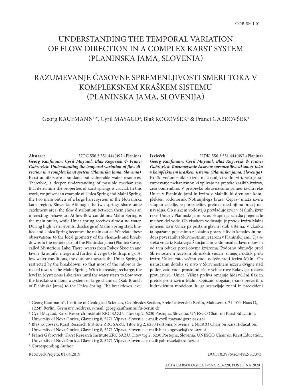 Understanding the Temporal Variation of Flow Direction in a Complex Karst System (Planinska Jama, Slovenia)