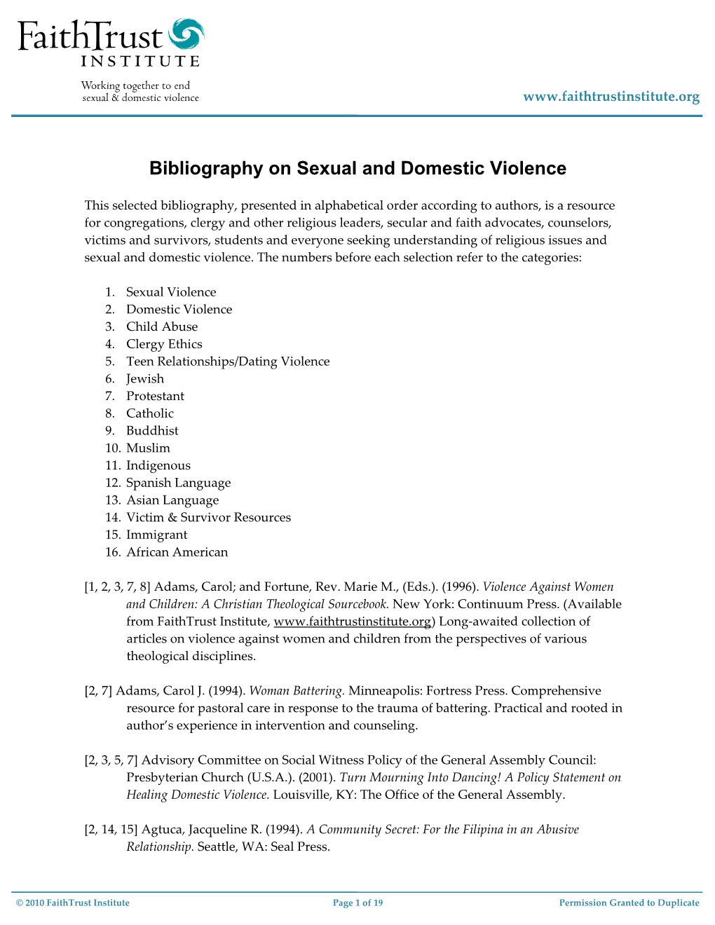 Bibliography on Sexual and Domestic Violence