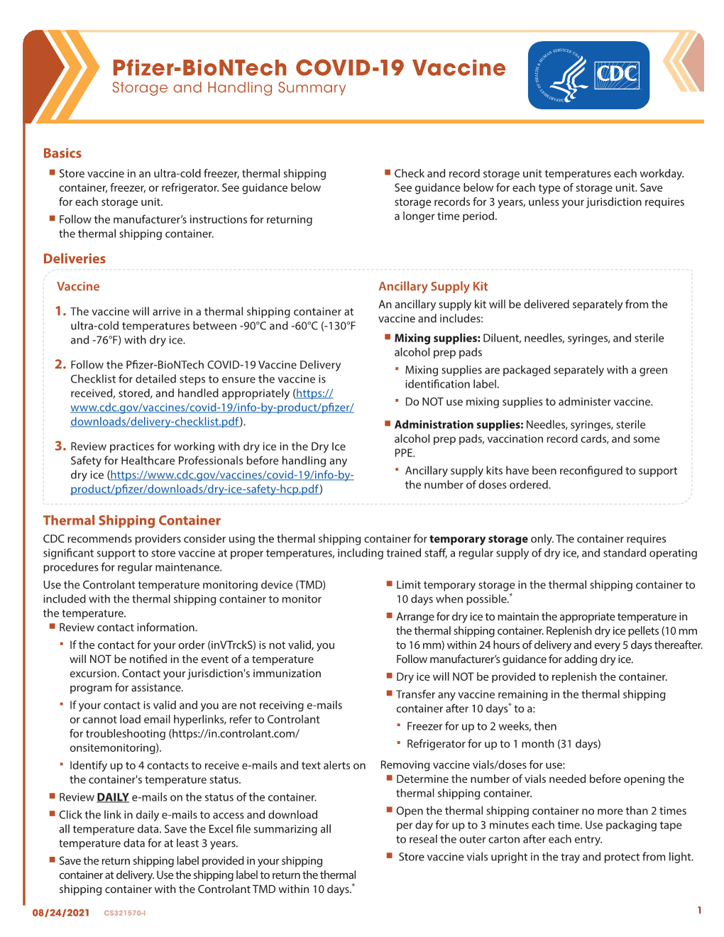 Pfizer-Biontech COVID-19 Vaccine Storage and Handling Summary