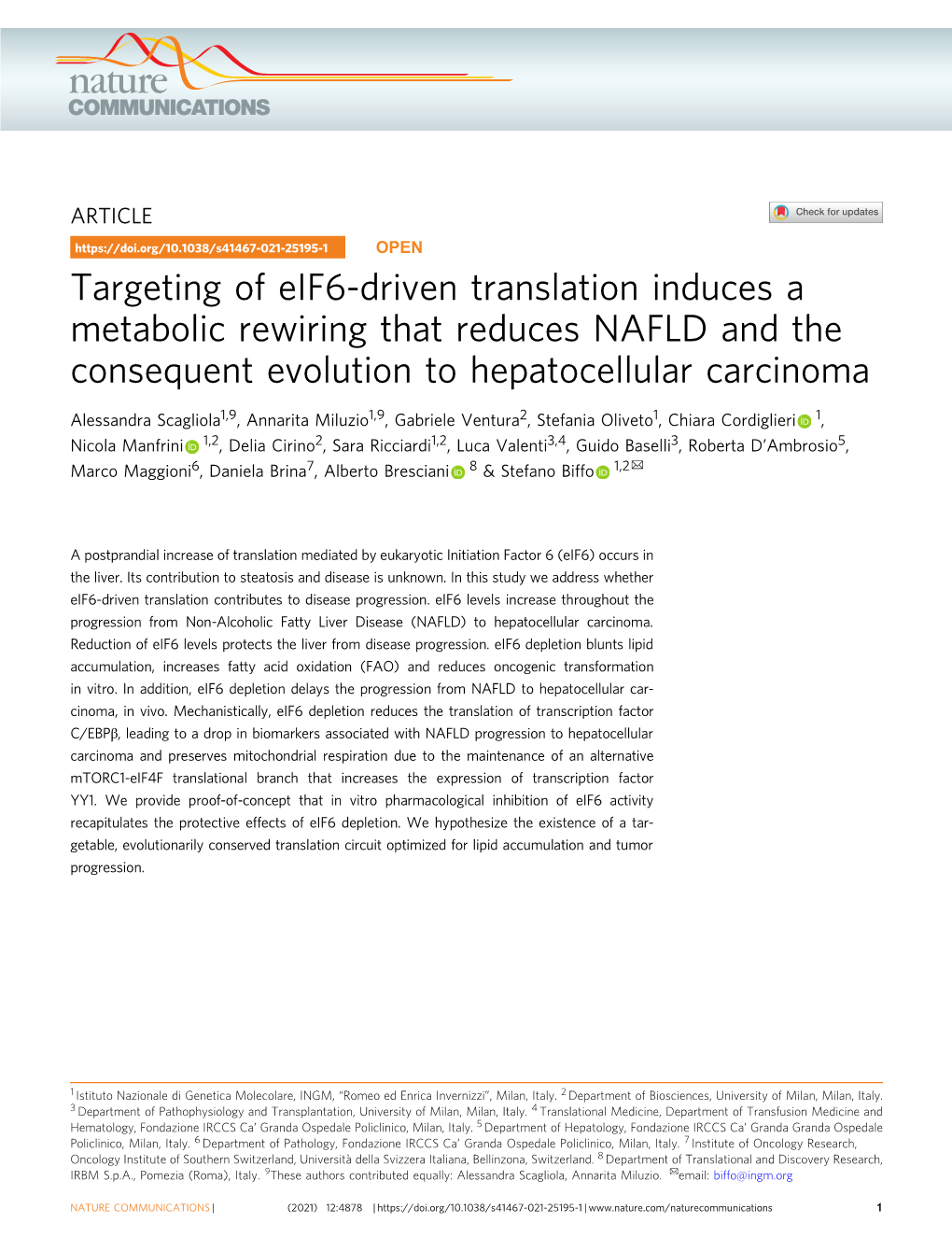 Targeting of Eif6-Driven Translation Induces a Metabolic Rewiring That Reduces NAFLD and the Consequent Evolution to Hepatocellular Carcinoma