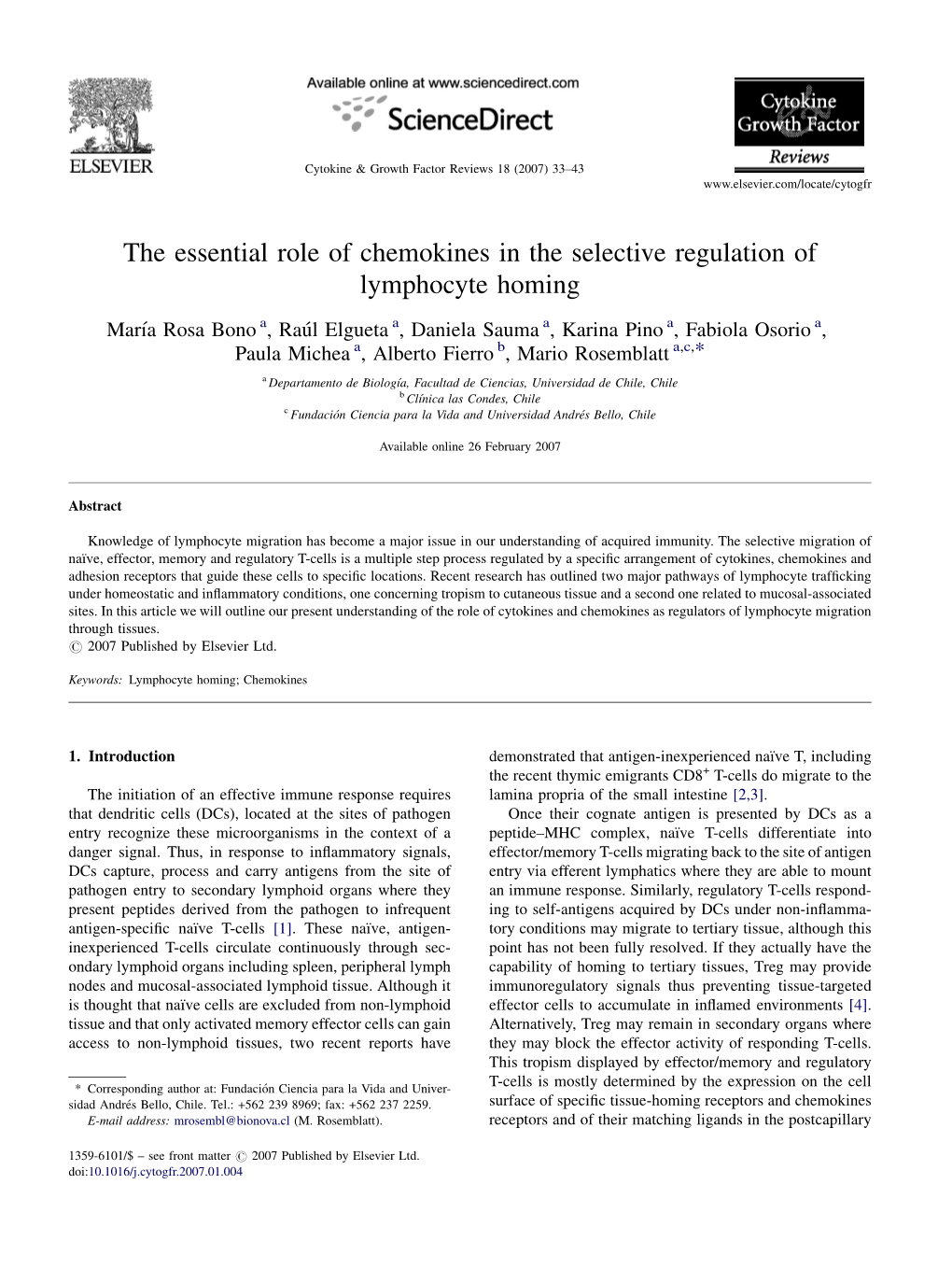 The Essential Role of Chemokines in the Selective Regulation of Lymphocyte Homing