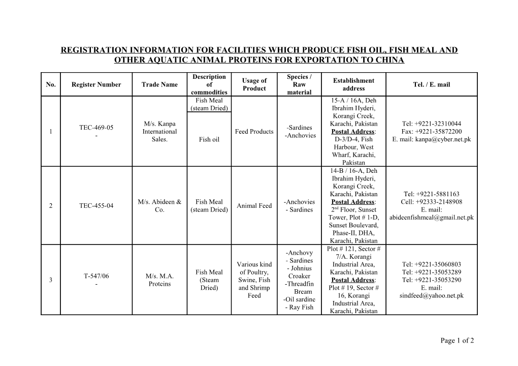 Registration Information for Facilities Which Produce Fish Oil, Fish Meal and Other Aquatic