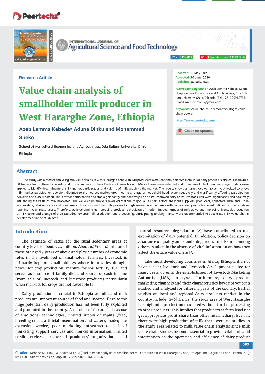 Value Chain Analysis of Smallholder Milk Producer in West Hararghe Zone, Ethiopia