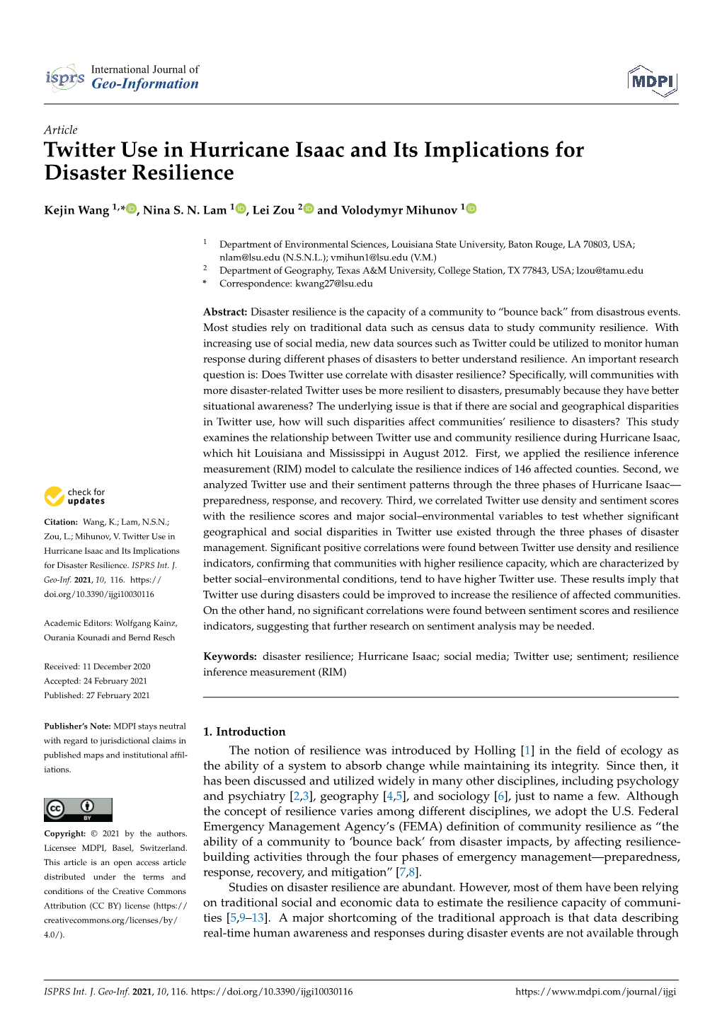 Twitter Use in Hurricane Isaac and Its Implications for Disaster Resilience