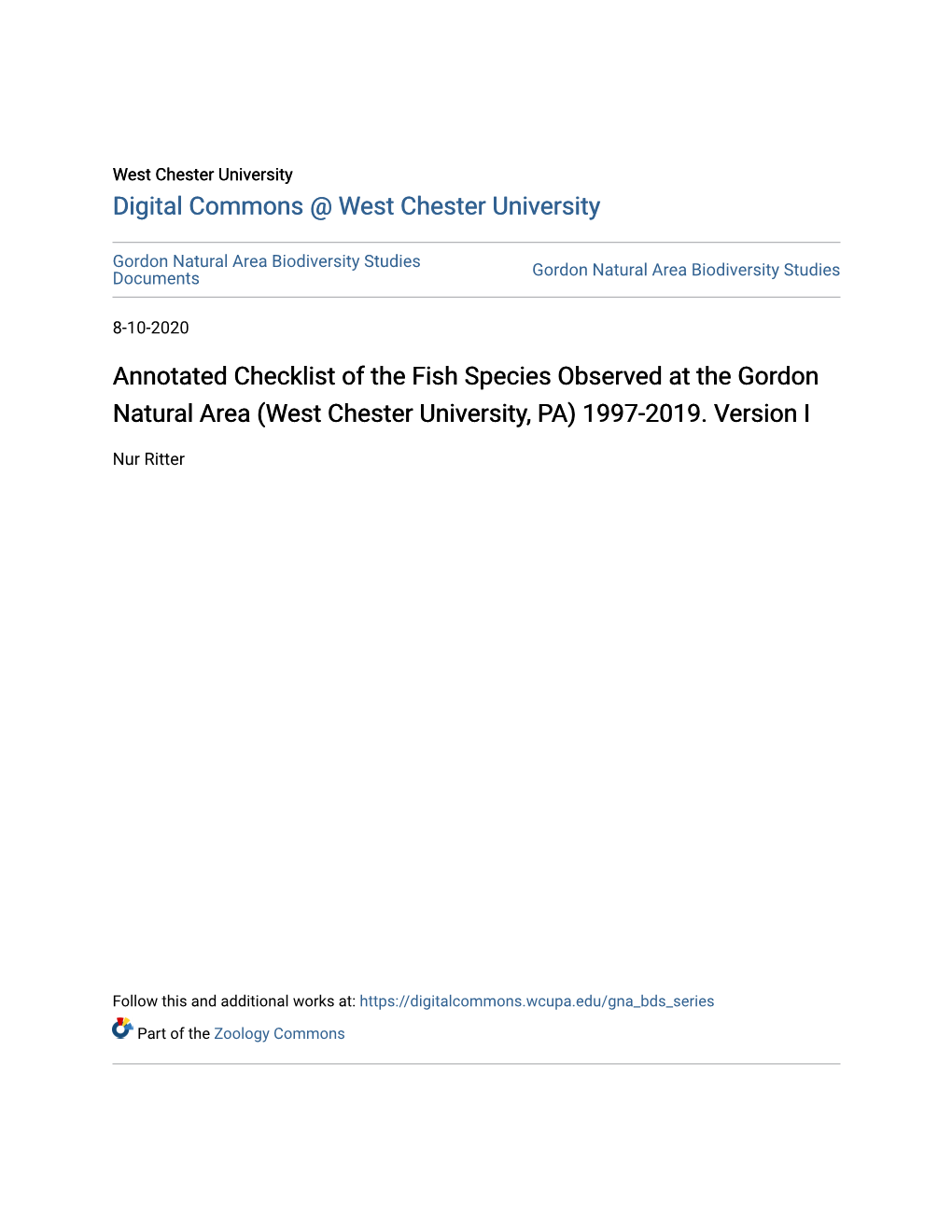 Annotated Checklist of the Fish Species Observed at the Gordon Natural Area (West Chester University, PA) 1997-2019