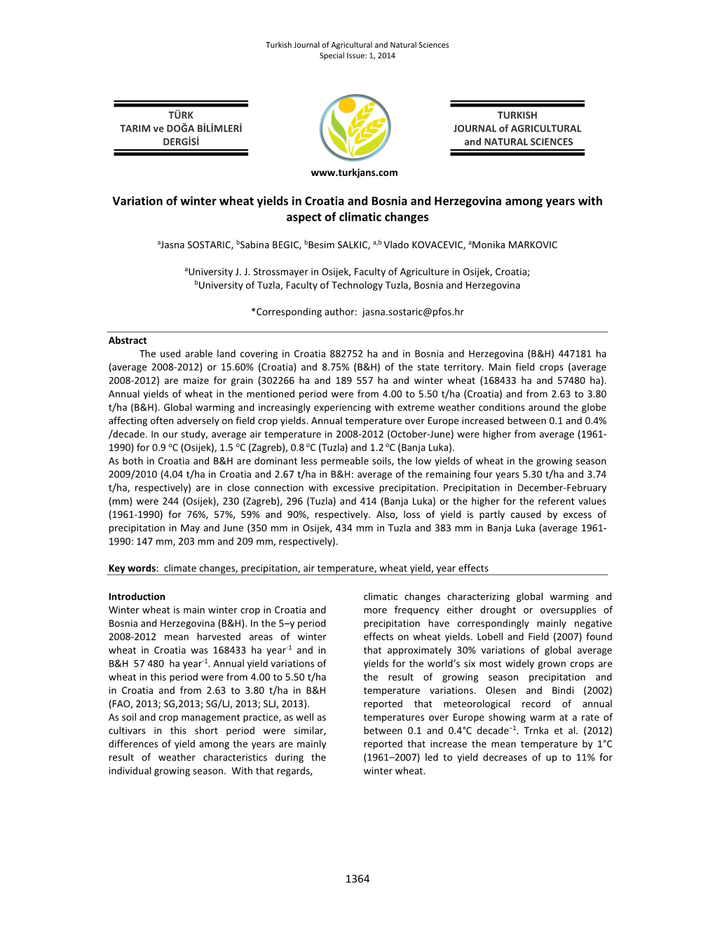 Variation of Winter Wheat Yields in Croatia and Bosnia and Herzegovina Among Years with Aspect of Climatic Changes