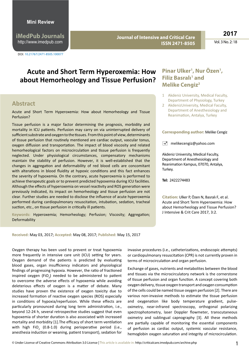 Acute and Short Term Hyperoxemia: How About Hemorheology And