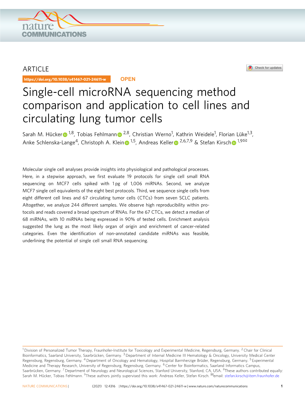 Single-Cell Microrna Sequencing Method Comparison and Application to Cell Lines and Circulating Lung Tumor Cells