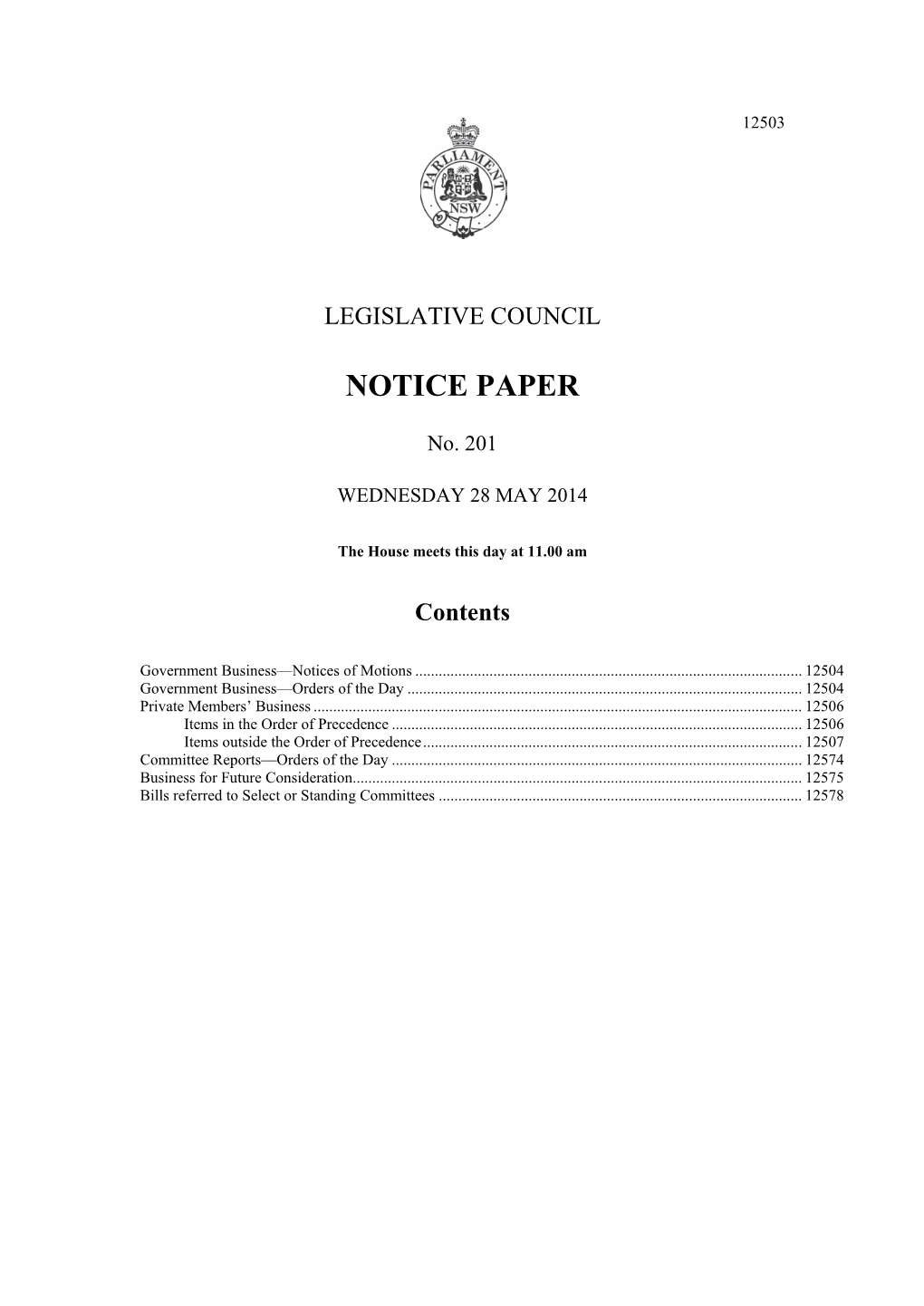 Notice Paper No. 201—Wednesday 28 May 2014