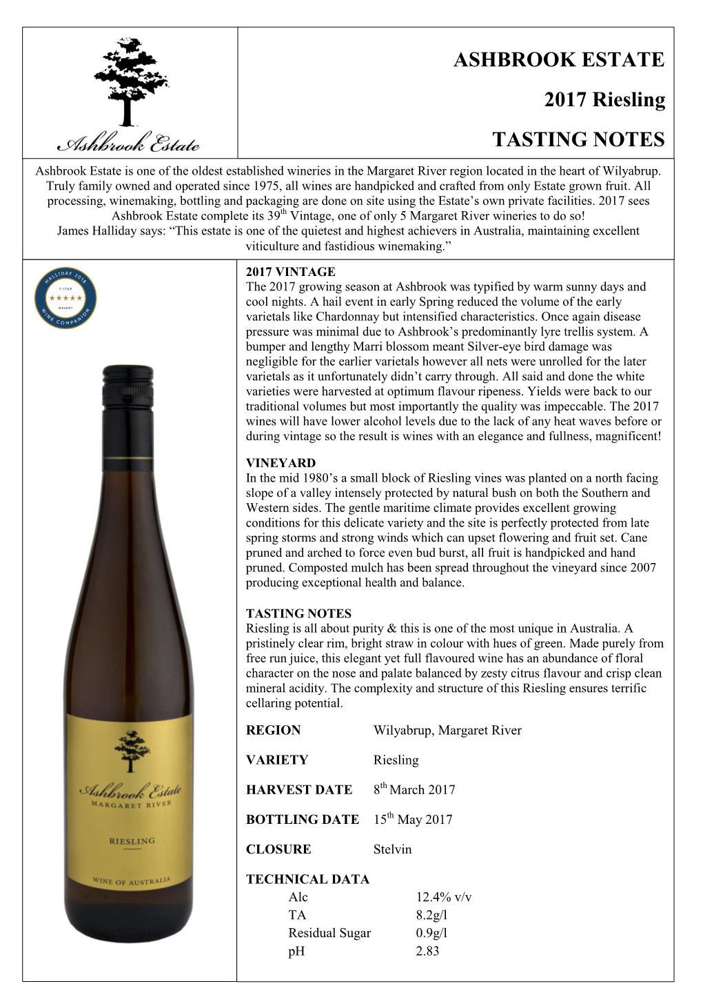 ASHBROOK ESTATE 2017 Riesling TASTING NOTES