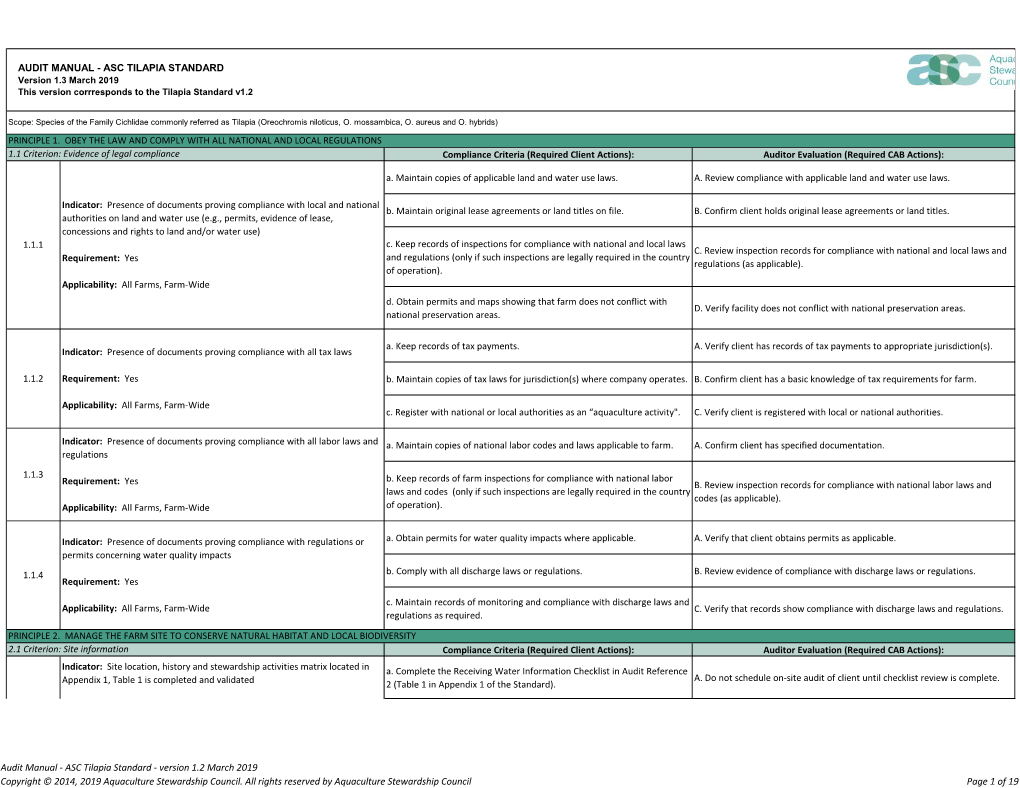 AUDIT MANUAL - ASC TILAPIA STANDARD Version 1.3 March 2019 This Version Corrresponds to the Tilapia Standard V1.2