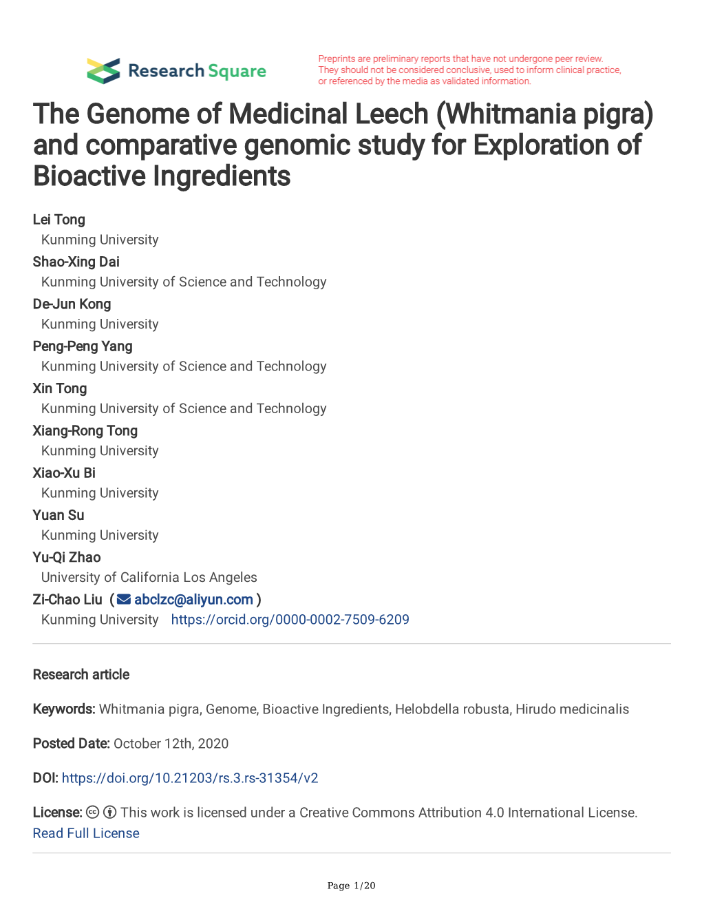 The Genome of Medicinal Leech (Whitmania Pigra) and Comparative Genomic Study for Exploration of Bioactive Ingredients