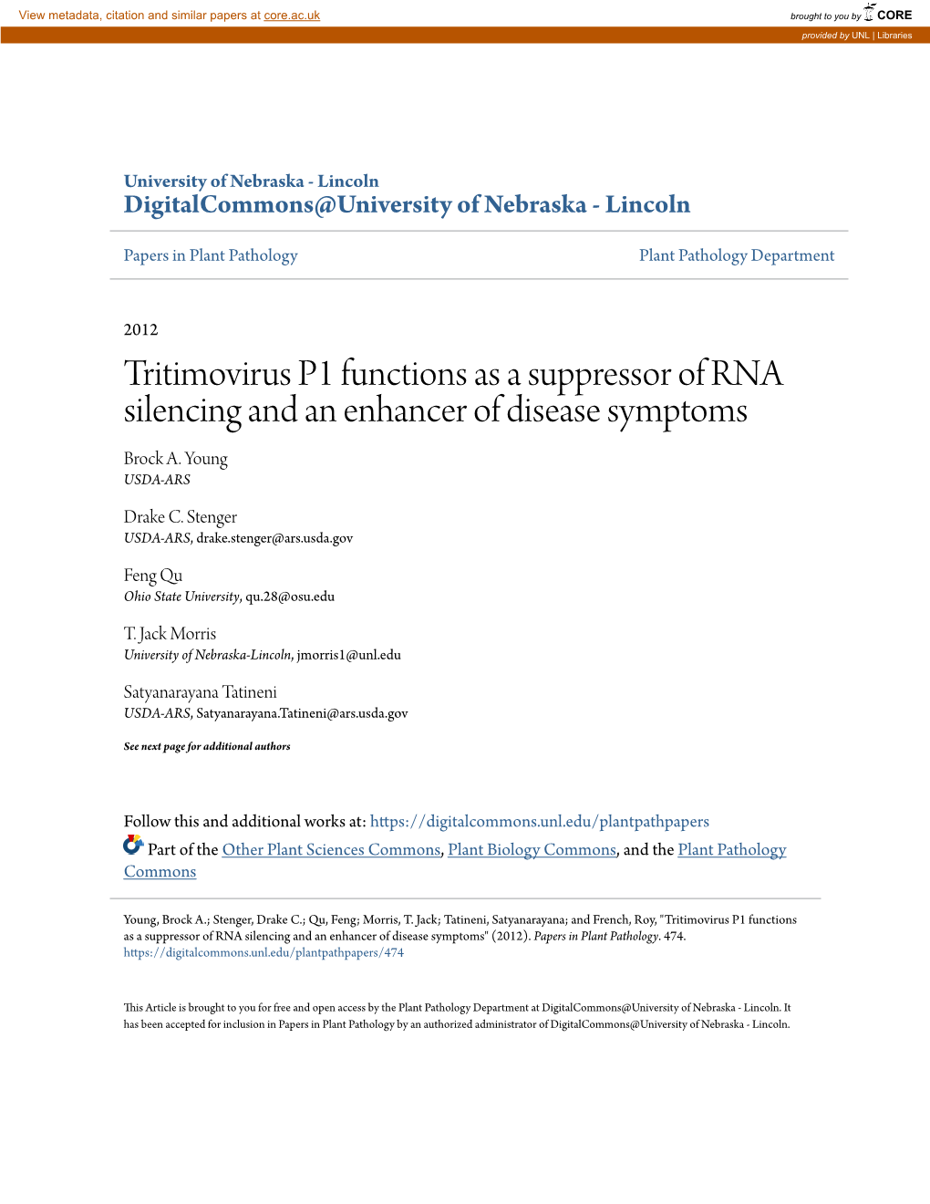 Tritimovirus P1 Functions As a Suppressor of RNA Silencing and an Enhancer of Disease Symptoms Brock A