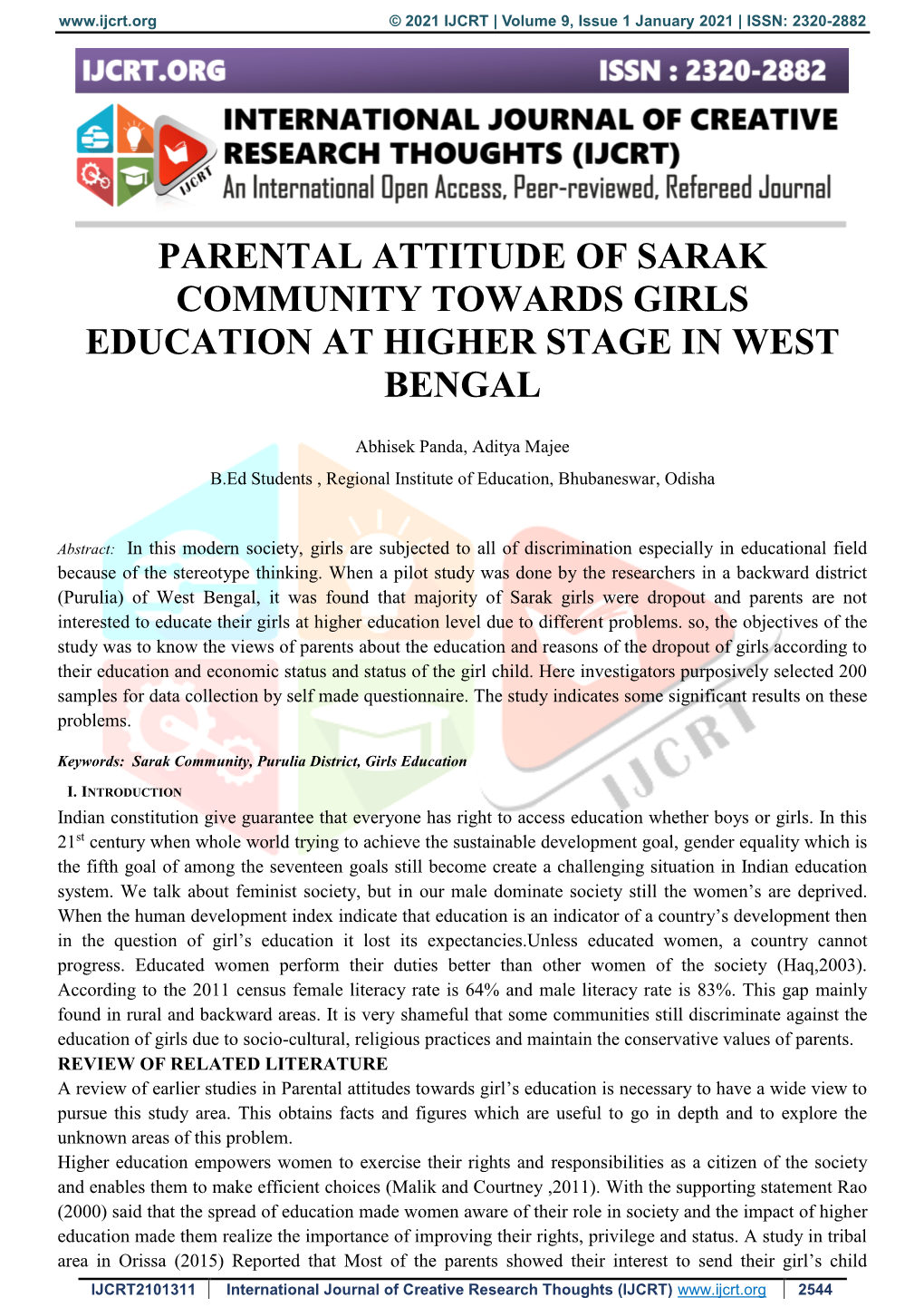 Parental Attitude of Sarak Community Towards Girls Education at Higher Stage in West Bengal