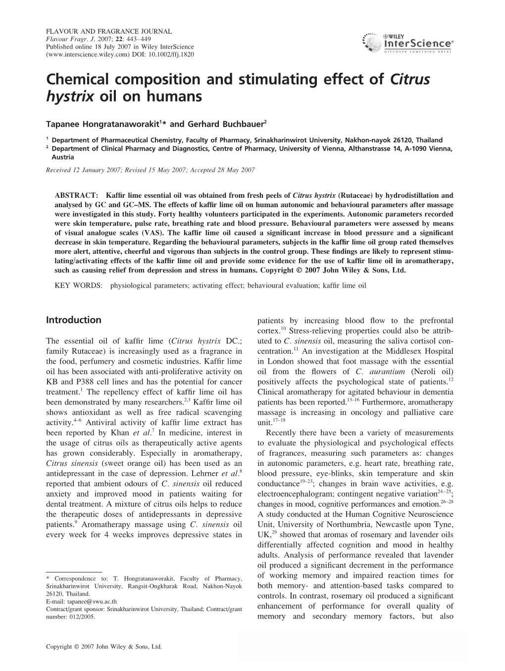 Chemical Composition and Stimulating Effect of Citrus Hystrix Oil on Humans
