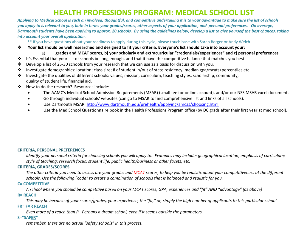 Health Professions Program: My Medical School List