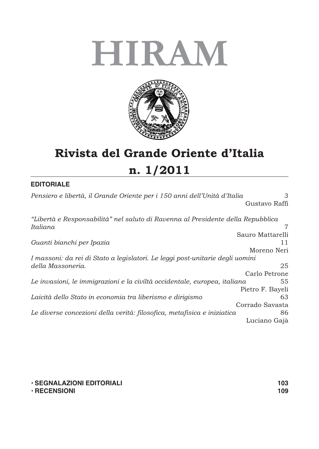 Rivista Del Grande Oriente D'italia N. 1/2011