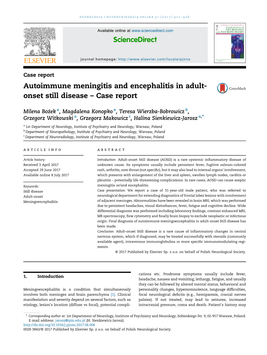 Autoimmune Meningitis and Encephalitis in Adult-Onset Still