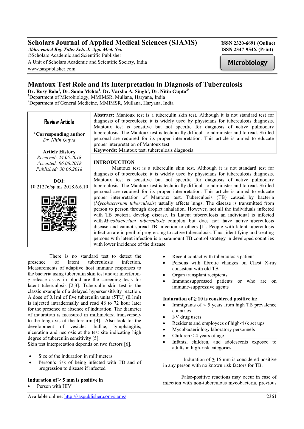 (SJAMS) Mantoux Test Role and Its Interpretation in Diagnosis Of