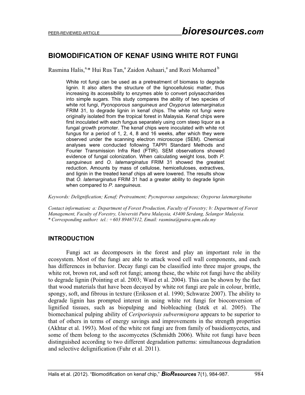 Biomodification of Kenaf Using White Rot Fungi
