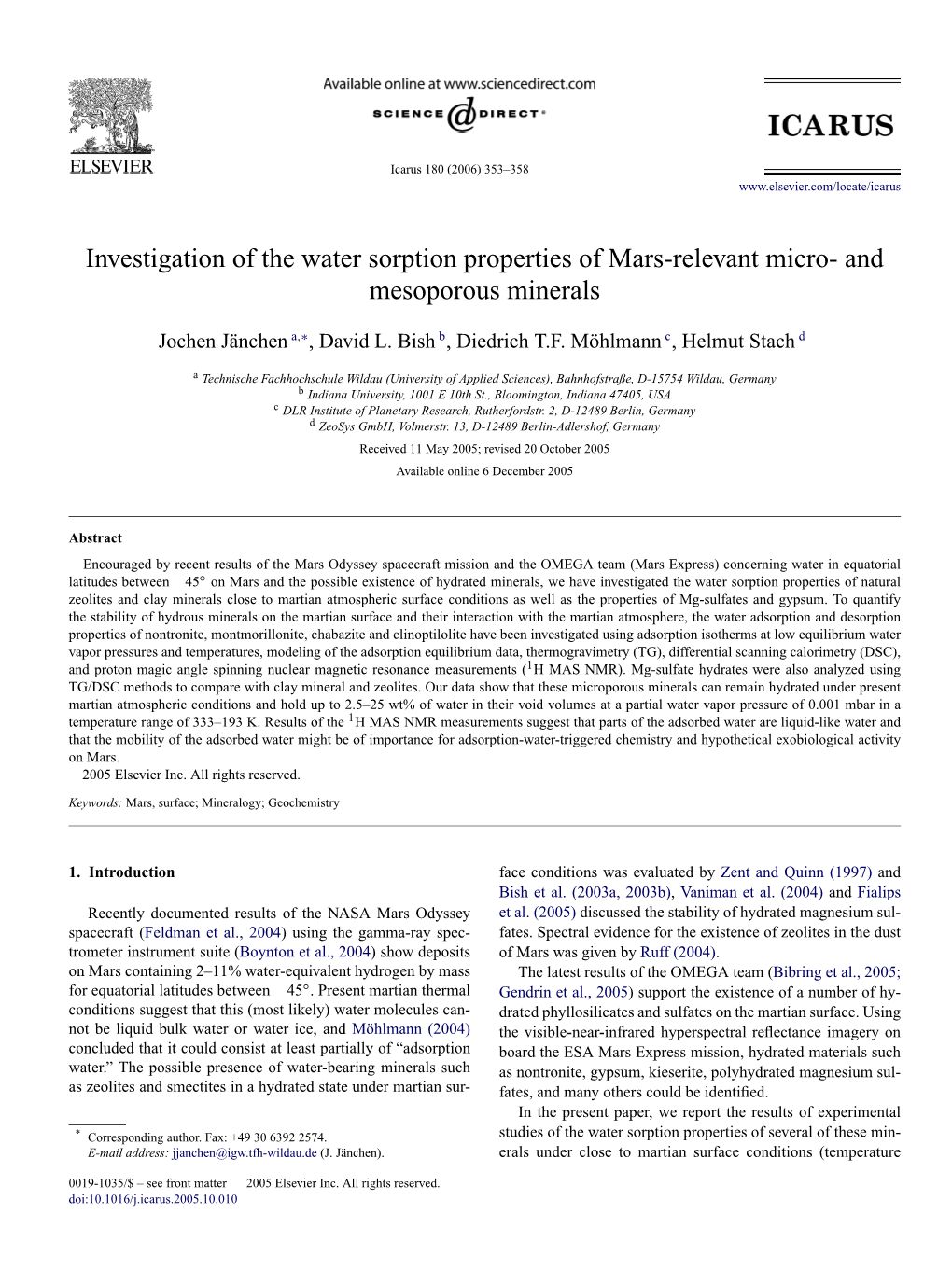 Investigation of the Water Sorption Properties of Mars-Relevant Micro- and Mesoporous Minerals