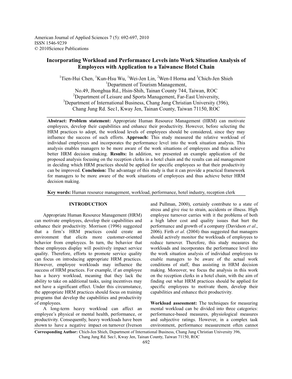 Incorporating Workload and Performance Levels Into Work Situation Analysis of Employees with Application to a Taiwanese Hotel Chain