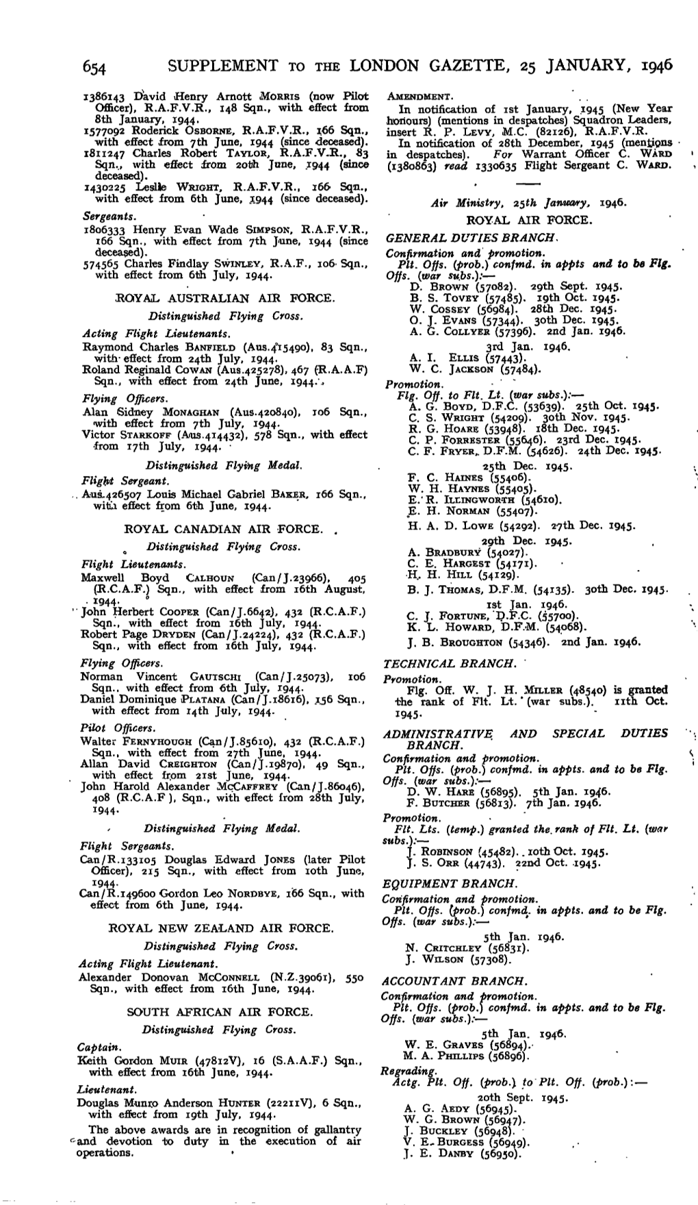 654 SUPPLEMENT to the LONDON GAZETTE, 25 JANUARY, 1946 1386143 David Henry Arnott MORRIS (Now Pilot AMENDMENT