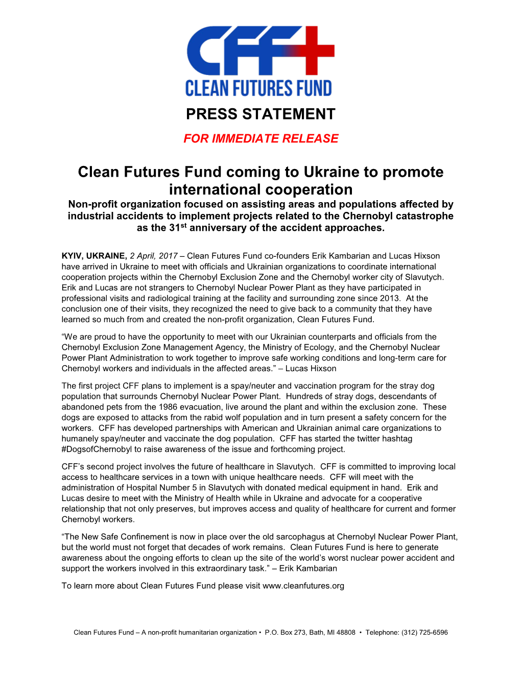 CFF – Press Release – Medical Donations for Chernobyl Workers