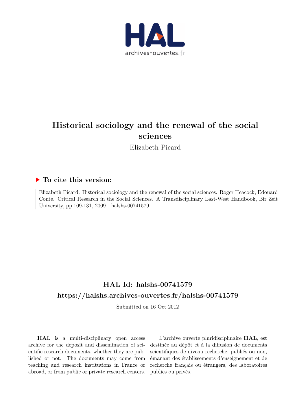 Historical Sociology and the Renewal of the Social Sciences Elizabeth Picard