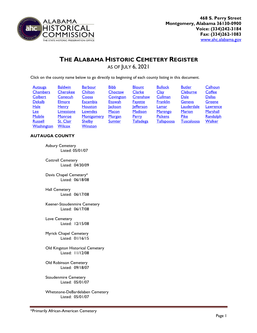The Alabama Historic Cemetery Register As of July 6, 2021